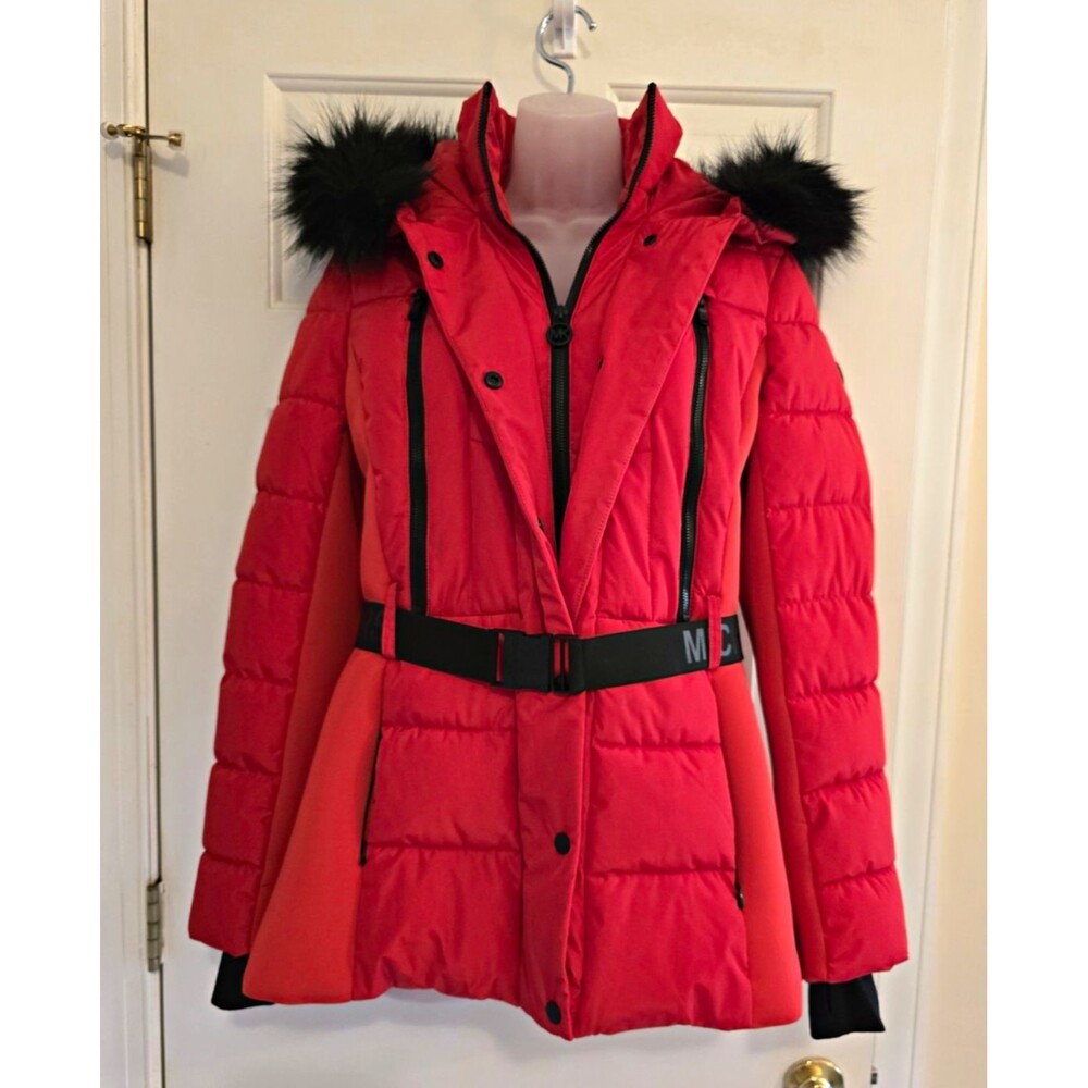 Michael Kors Women's Red Belted Puffer Coat M with Faux Fur Hood Cozy Ski Jacket